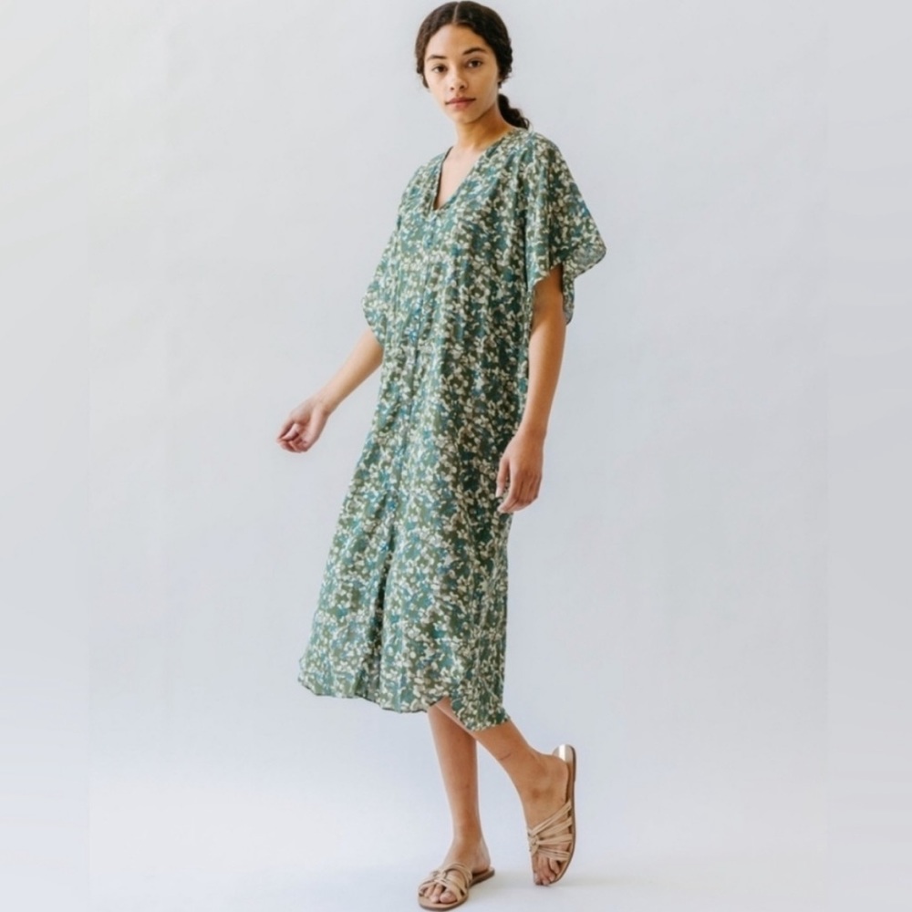 Mirth Bali Midi Dress Cotton Lagenlook Printed Women’s Size Large Missing Belt - Picture 2 of 14